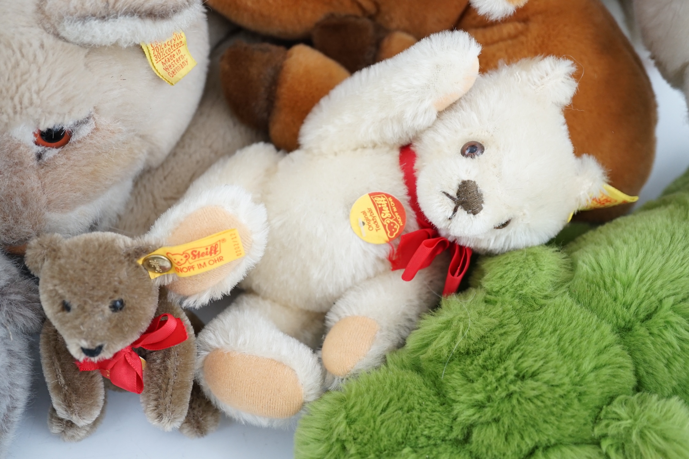 Ten assorted Steiff yellow tag animals, two yellow tag bears, together with Steiff catalogues